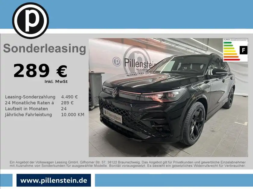 Das Bild zeigt ein schwarzes Fahrzeug, einen VW Tiguan, von der Seite. Es handelt sich um eine Anzeige für Sonderleasing mit verschiedenen Finanzierungsdetails.