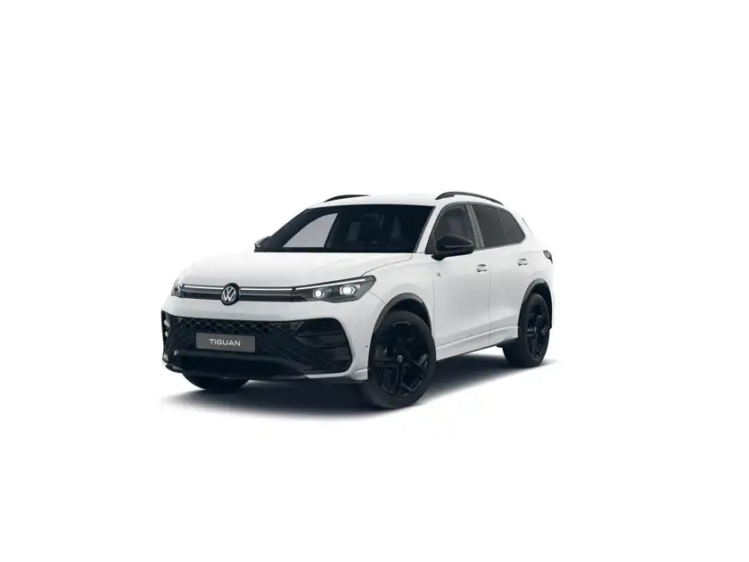 Das Bild zeigt einen weißen VW Tiguan aus der Frontalansicht.