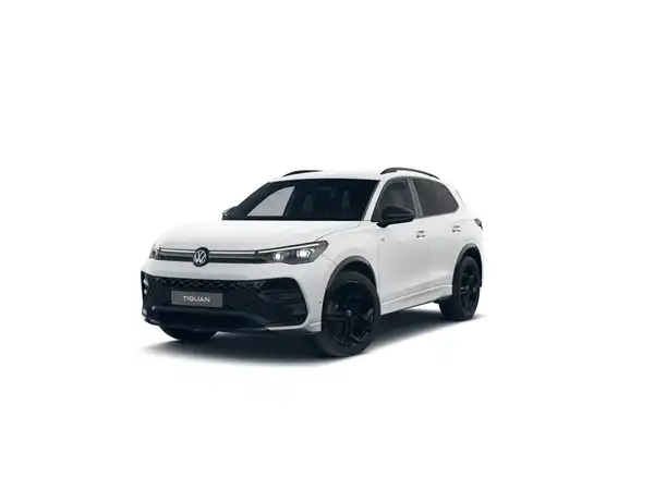 Das Bild zeigt einen weißen VW Tiguan aus der Frontalansicht.