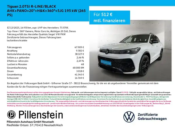 Das Bild zeigt einen weißen VW Tiguan von vorne. Es enthält das Händlerlogo und markante Texteinblendungen.