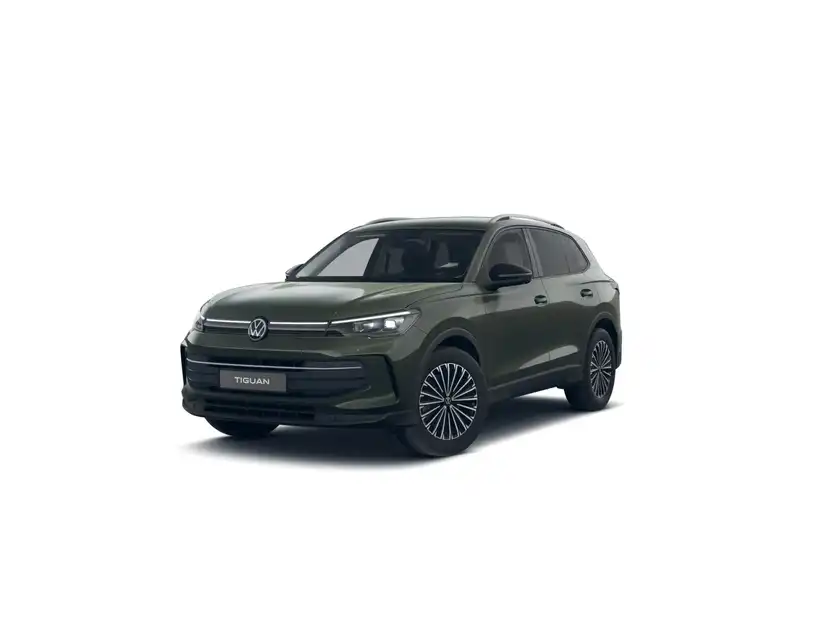 Das Bild zeigt einen VW Tiguan von vorne in grüner Farbe.
