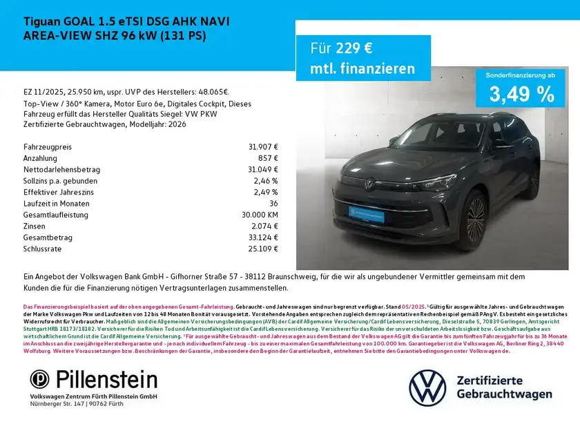 Das Bild zeigt einen VW Tiguan in grau von der Seite, es handelt sich um eine Anzeige mit Finanzierungsdetails, inklusive Händlerlogo.