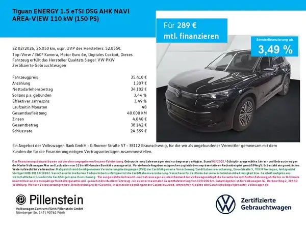 Das Bild zeigt einen schwarzen VW Tiguan aus der Vorderansicht, kombiniert mit Finanzierungsdetails und Händlerinformationen.