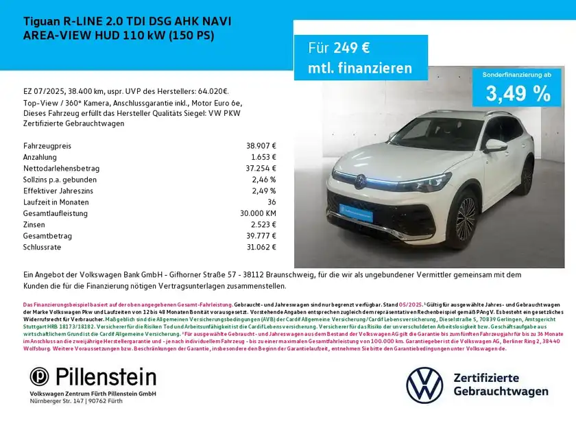 Das Bild zeigt einen weißen VW Tiguan R-Line 2.0 TDI von vorne, mit Finanzierungsdetails und einem Händlerlogo eingeblendet.
