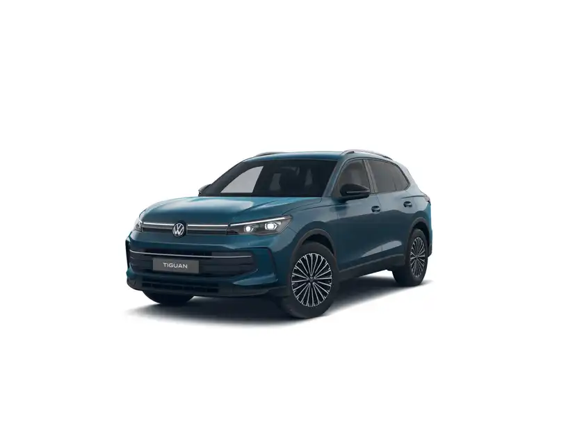 Das Bild zeigt einen VW Tiguan von der Seite in blauer Farbe.