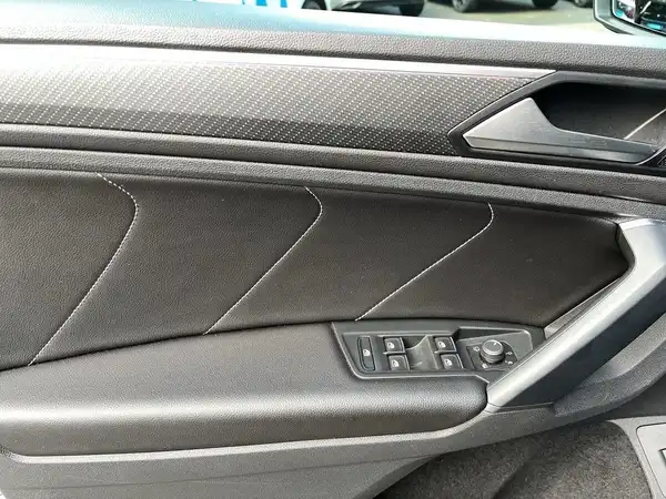 Innenaufnahme des Fahrzeugs, zeigt die Fahrertür mit schwarzen Interieurelementen.