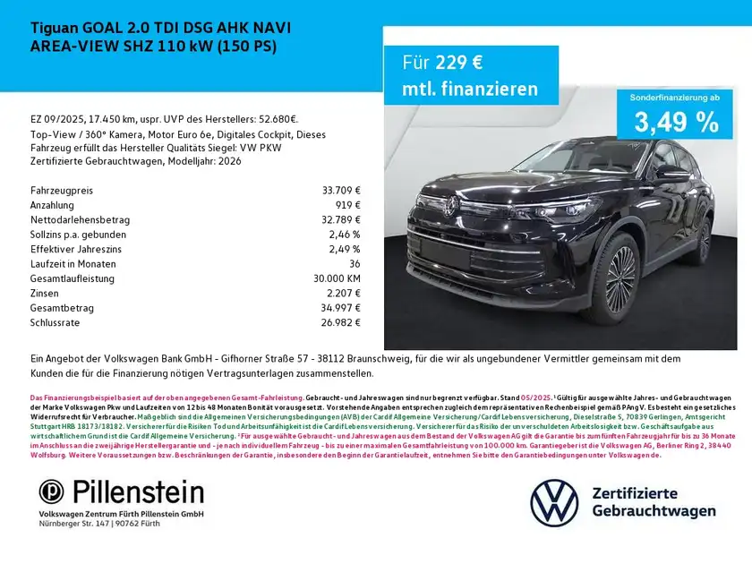 Das Bild zeigt einen VW Tiguan in schwarzer Farbe, aufgenommen von vorne. Es handelt sich um eine Anzeige mit Finanzierungsdetails, die einen Händlerlogo enthält.
