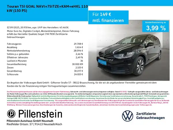 Das Bild zeigt einen schwarzen VW Touran aus der Seitenansicht, begleitet von Finanzierungsdetails und dem Händlerlogo 'Pillenstein'.