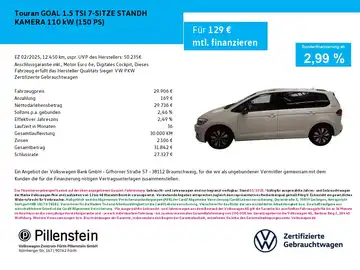 Das Bild zeigt einen VW Touran von der Seite in weiß. Es enthält markante Texteinblendungen zur Sonderfinanzierung und das Händlerlogo von Pillenstein.