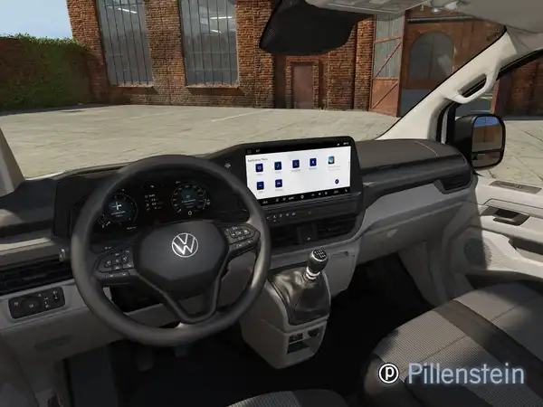 Innenaufnahme des Fahrzeugs VW Transporter mit schwarzem Interieur und markanten Texteinblendungen, einschließlich Händlerinformationen.
