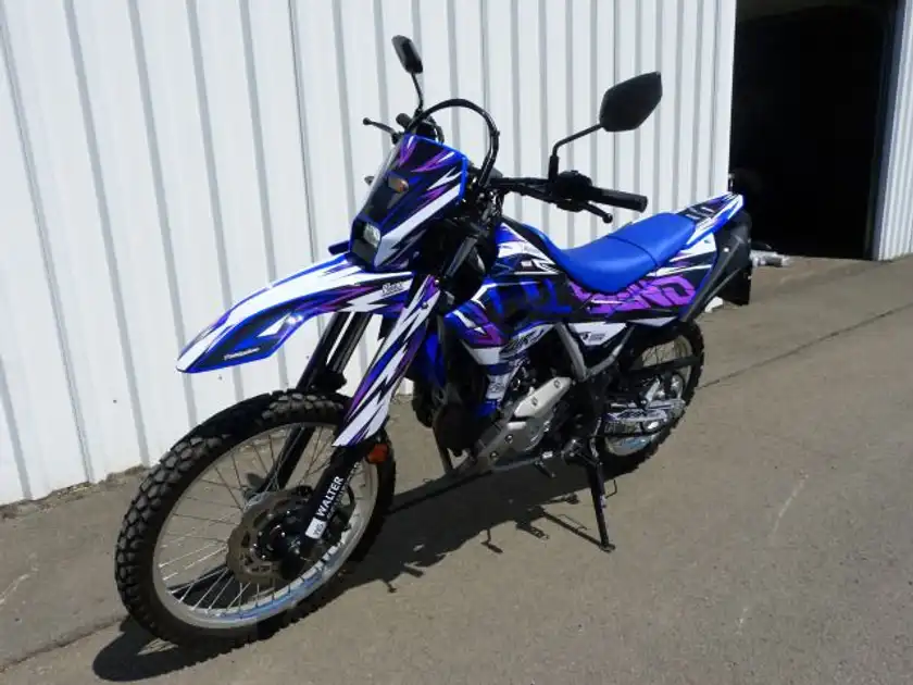 Das Bild zeigt ein YAMAHA WR125M aus der Seitenansicht in blau und lila.